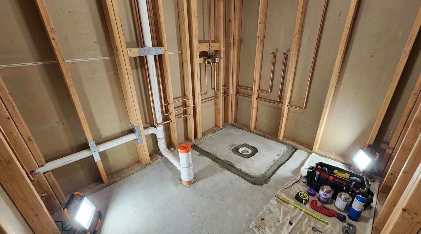 Bathroom rough-in plumbing during remodel by Johns Plumbing LLC in Whitewater