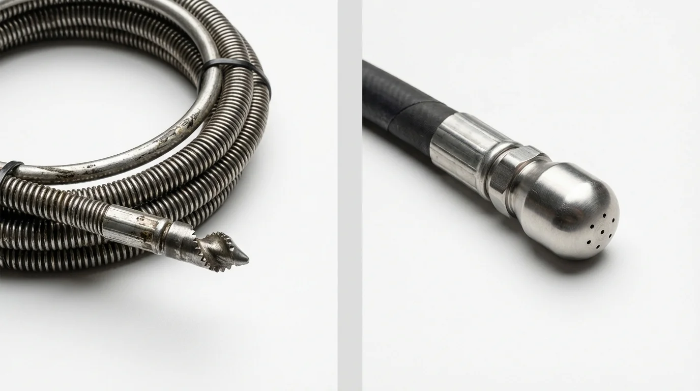Drain snake cable and hydro jetting nozzle used for drain cleaning in Whitewater, WI