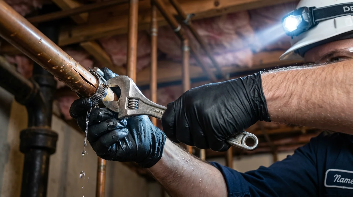 Emergency pipe clamp repair being performed by a Johns Plumbing LLC plumber in Whitewater