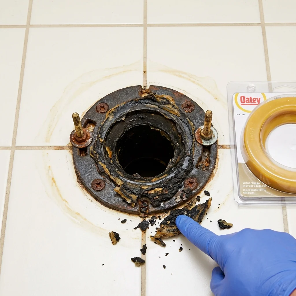 Failed wax ring showing water seepage at the base of a toilet in a Whitewater, WI home