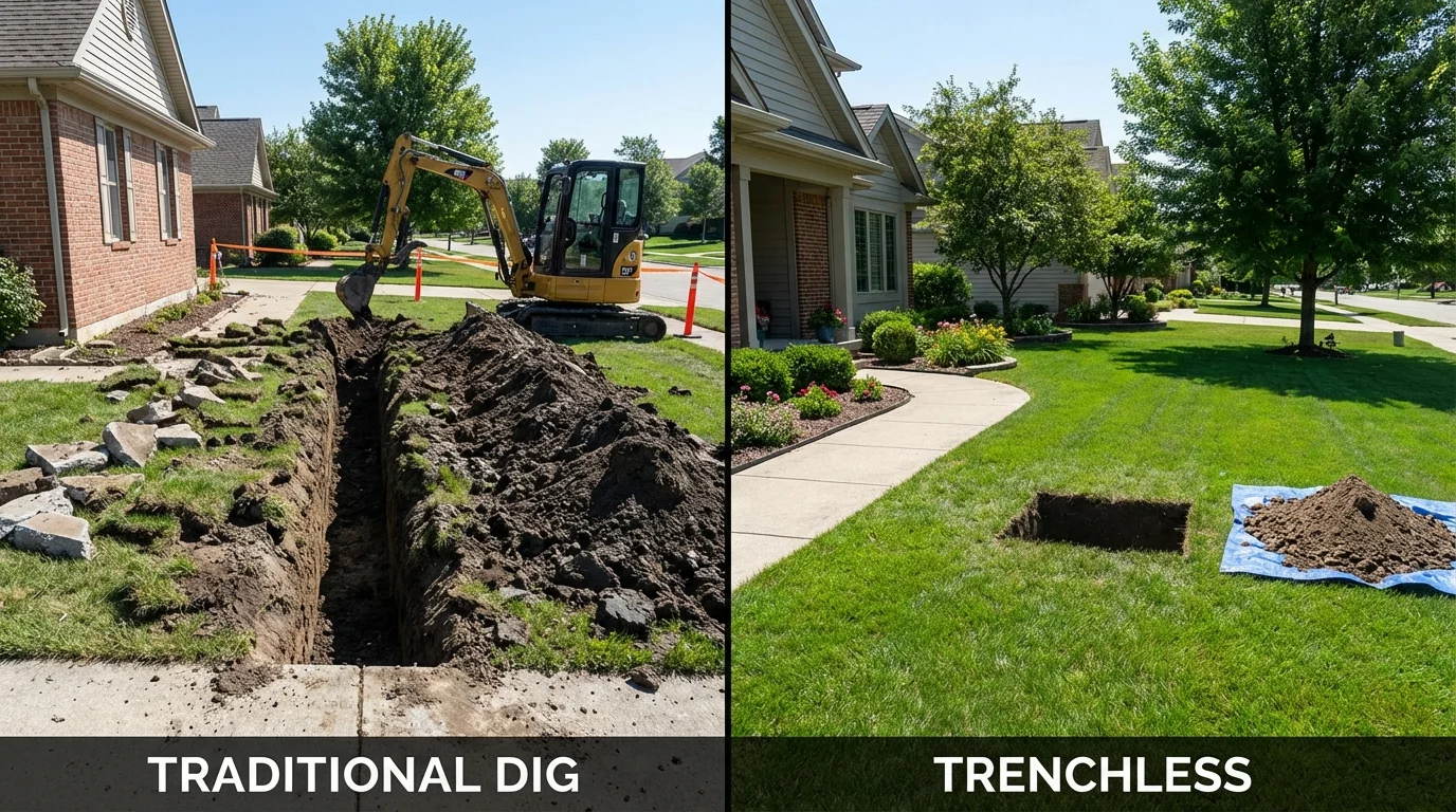 Trenchless sewer repair with minimal yard damage versus traditional excavation in Whitewater, WI
