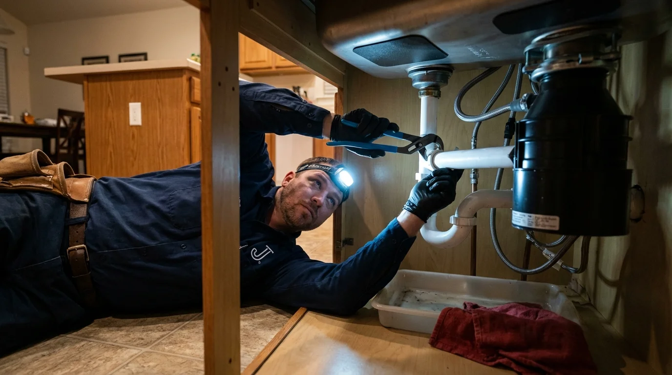 P-trap and supply line connections under a kitchen sink showing a common leak point in Whitewater, WI